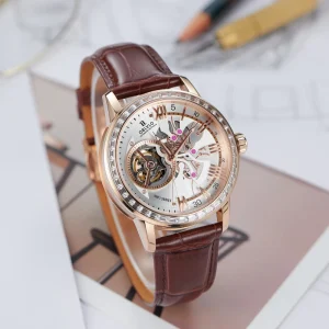 OBLVLO Mens Casual Skeleton Dial Automatic Watches Rose Gold Calfskin Leather Band 13mm Case Thickness Analog Montre Homme VM DD
