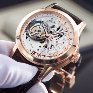 OBLVLO VM Retro Casual Men Skeleton Automatic Mechanical Watch Cow Leather Strap Mineral Crystal Waterproof