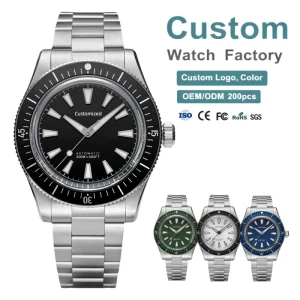 ODM Custom Luxury Miyota 9015 Calendar Watch 200M Diving Steel Watch Double Domed Sapphire Crystal Mechanical Men’s Watch