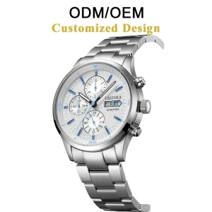 ODM OEM Caluola Men’s Automatic Mechanical Watch Sapphire Crystal Chronograph 50M Waterproof 22mm Analog Silver Stainless Steel
