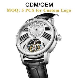 ODM OEM Flywheel Skeleton Mechanical Watch Synthetic Arched Sapphire Mirror Head Leather 5ATM Waterproof Men’s Watch