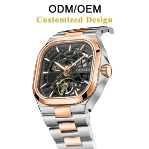 ODM/OEM Hollow Mechanical Watch Square Sapphire Crystal Analog Stainless Steel Strap 22mm 5ATM Waterproof Tourbillon