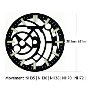 OEM Custom Dial Logo 28.5mm 31mm Brass Fashion Skeleton NH70 NH72 Automatic Movement Watch Dial