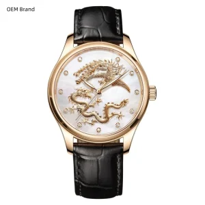 OEM Custom Logo Diver Mother of Pearl Zodiac Dragon Phoenix Chinese Style Leather Strap Stainless Steel Mechanical