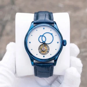 OEM Custom Mechanical Tourbillon Watch Luxury Blue PVD Case Unique Hands Stainless Steel Sapphire Crystal Men Leather Wristwatch