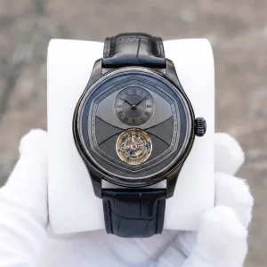 OEM Custom Tourbillon Mechanical Watch Luxury Men’s Black Case Sapphire Crystal Off center Dial Roman Numeral Leather Wristwatch