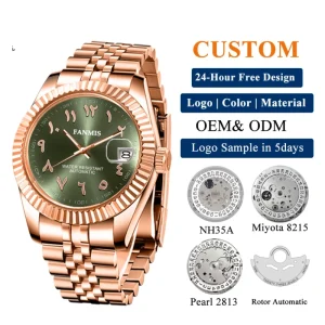 OEM Custom logo Luxury Men’s 39mm Stainless Steel Automatic Watch Logo Waterproof Mechanical Movement Feature Power Reserve