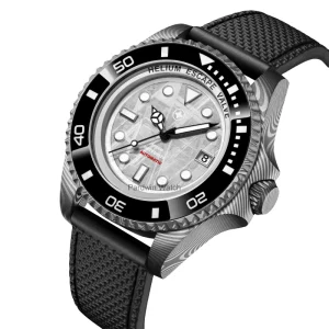 OEM Design Damascus Steel Dive Watch Sapphire Crystal Luminous Markers Helium Escape Rubber Silicone Automatic Movement Limited