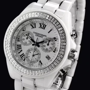 OEM Luxury Chronograph Sport Fashion Business Charm Ceramic Watch with Pointer Dial and CZ Setting Stones