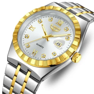 OEM ODM Business Men’s Waterproof Quartz Watch Luminous Dial with Rhinestone Accents Two Tone Stainless Steel Calendar Watch
