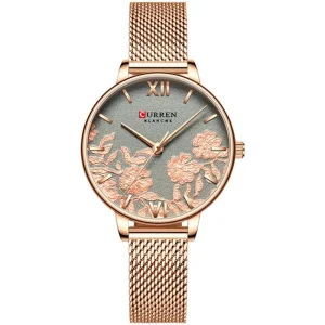 OEM ODM Classic Women’s Sweet Floral Pattern Quartz Watch Rose Gold Stainless Steel Mesh Band 30M Waterproof Daily Fashion Watch