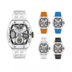 OEM ODM Copyright New Design Fashion Tonneau Full Transparent Men’s Tourbillon Skeleton Mechanical Watch Luminous Waterproof