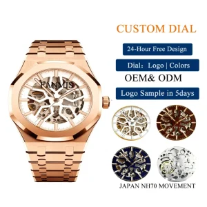 OEM ODM Custom Dial Private Label Service Rose Gold Skeleton Movt NH70 Waterproof Luxury Automatic Mechanical Men’s Watch
