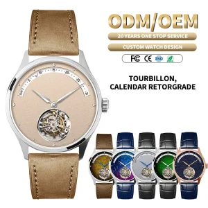 OEM ODM Custom Logo Mechanical Wristwatch Miyota 8215 Automatic Tourbillon Watch Retrograde Date Sapphire Crystal Leather Strap