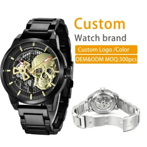 OEM ODM Custom Logo Punk Skull Watch Cool Style Quartz Skeleton Watch for Men