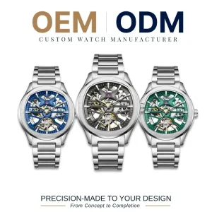 OEM ODM Hollow Out Dial Men’s Skeleton Watch Automatic Mechanical Private Label Stainless Steel Hands Custom Silicon Strap Logo