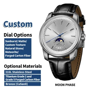 OEM ODM Manufacturer Custom Watch with Logo Moon Phase Mechanical Men’s Wristwatch NH35 Automatic Grey Sunray Dial