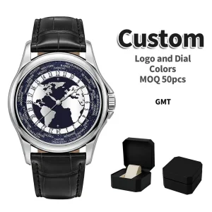OEM ODM Multiple Time Zones Men Mechanical Watch Automatic GMT 24 Hours World Map Dial Custom Logo Wristwatch Manufacturer