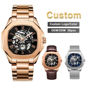 OEM ODM Vintage Gold Color Stainless Steel Custom Brand Logo Luxury Wrist Automatic Square Men Watch