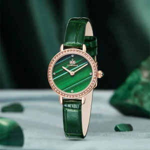 OEM Retro Leather Band Quartz Watch for Women with Diamond Inlaid Natural Malachite Dial Waterproof