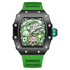 ON3854 Men’s Tonneau Automatic Mechanical Watch Hollow Skeleton Luminous Waterproof Sport Silicone Strap Wrist Watch