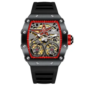 ONOLA 6829 Luxury Double Tourbillon Automatic Watches Men Wrist Silicone Strap Tonneau Skeleton Mechanical Wristwatches