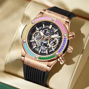 ONOLA 6841 Mechanical Automatic Watch, Colorful Decorative Diamond Dial, Skeleton Hollow Out, Men