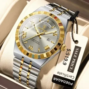 Original Fashion Men’s Wristwatch Week Date Waterproof Luminous Man Watch Stainless Steel Casual Quartz Watches for Men