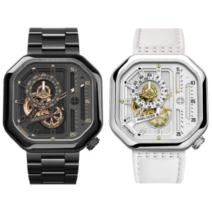 Original Racing Watch Steel Leather Strap Men Square Luminous Skeleton Automatic Mechanical Watch for Men Wristwatch