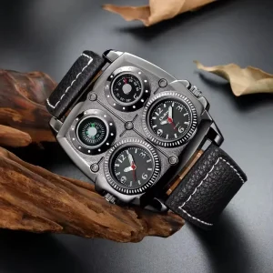 Oulm 1140 Men’s Watches Two Time Zone Fashion Style Watch Big Size Quartz Clock Male Genuine Leather Strap Luminous Wristwatch