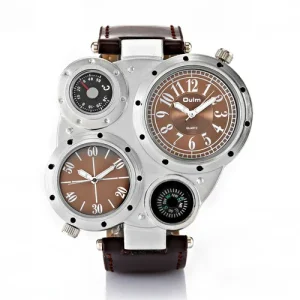 Oulm 9415 Unique Design Irregular Dial Men’s Sport Genuine Leather Band Watch Two Time Zone Quartz Male Wristwatch