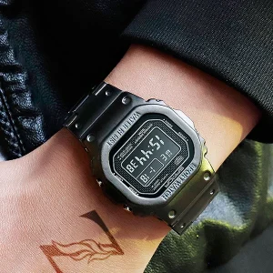 Outdoor Sports Digital Watch Stainless Steel Band Water Resistant 5BAR Square Case Week Display Unisex Sanda GUA Japan Movement