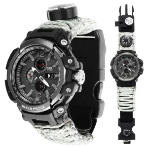 Outdoor Survival Watch Men’s Tactical Multi Functional Adjustable Wristband Waterproof Sports Dual Dial Watch