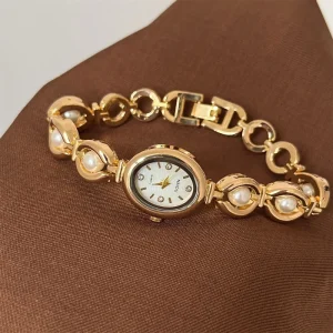 Oval Beautiful Ladies Vintage Wristwatches for Female Girl Student Cute Jewelry Bracelet Women Watches with Pearl