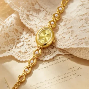 Oval Gold Pearl Luxury Elegant Golden Women Wristwatch