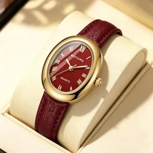 Oval Women’s Watch, Wine Red Leather Strap, Quartz