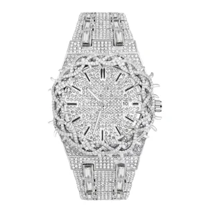 PIN TIME PT106 Luxury Iced Out Business Men’s Wristwatch Zircon Encrusted Quartz Mesh Design Waterproof Date Watches