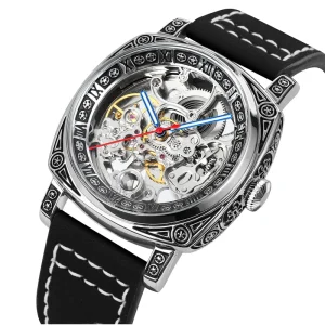 PINTIME Luxury Men’s Mechanical Automatic Tourbillion Watch Alloy Case Leather Band Square 42mm Pointer 30bar Water Resistance