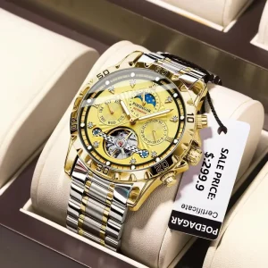 POEDAGAR 1412 Men’s Mechanical Automatic Watch, Week Calendar, Luminous, Stainless Steel