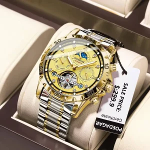 POEDAGAR 1412 Men’s Mechanical Watch Tourbillon Gold Stainless Steel Band Luminous Moon Phase Day Function Water Shock Resistant