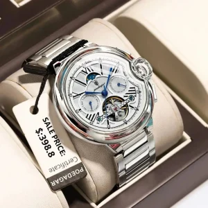 POEDAGAR 1413 Top Luxury Fashion Hollow Tourbillon Automatic Mechanical Watch for Men Waterproof Date Week Stainless Steel Clock