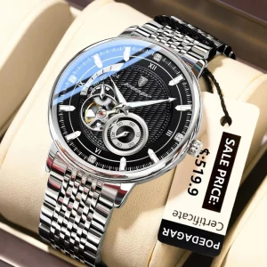 POEDAGAR 1416 Automatic Mechanical Hollow Out Men’s New Luxury Man Watch Tourbillon Stainless Steel Men Waterproof Watches