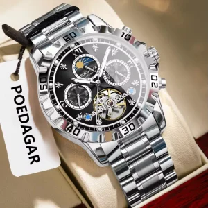 POEDAGAR 1423 Top Luxury Hollow Tourbillon Automatic Watch Stainless Steel Waterproof Chronograph Men Mechanical Watches