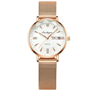 POEDAGAR 312 Waterproof Watch Date Woman Fashion Casual Stainless Steel Mesh Band Quartz Lady Watch