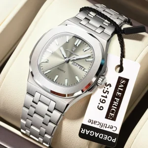 POEDAGAR 792 Women’s Luminous Hands Quartz Watch, Stainless Steel, Square, Calendar Date Week, Waterproof