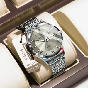 POEDAGAR 978 Men’s Fashion Business Stainless Steel Waterproof Luminous Sports Wristwatch, Quartz Movement