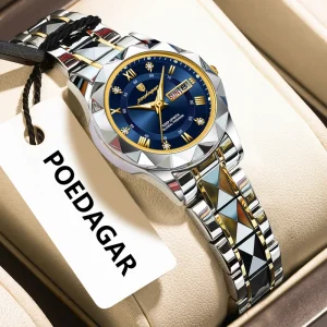 POEDAGAR Diamond Stainless Steel Women’s Waterproof Luminous Quartz Watch Week Date