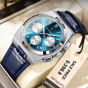 POEDAGAR Luxury Men’s Watch 970 Waterproof Luminous Chronograph Date Men’s Business Sports Leather Watch Alloy Case Glass