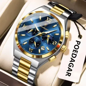 POEDAGAR Men’s Quartz Watch Stainless Steel Wristwatch Luminous Week Date Display 42mm Glass Dial Alloy Reloj 688