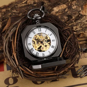 PW05s Custom Antique Golden Square Face Alloy Mechanical Movement Pocket Watch for Men 44mm 3BAR Water Resistant